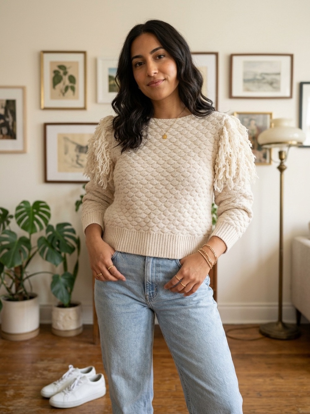 Women's Cream Fringe-Sleeve Knit Sweater